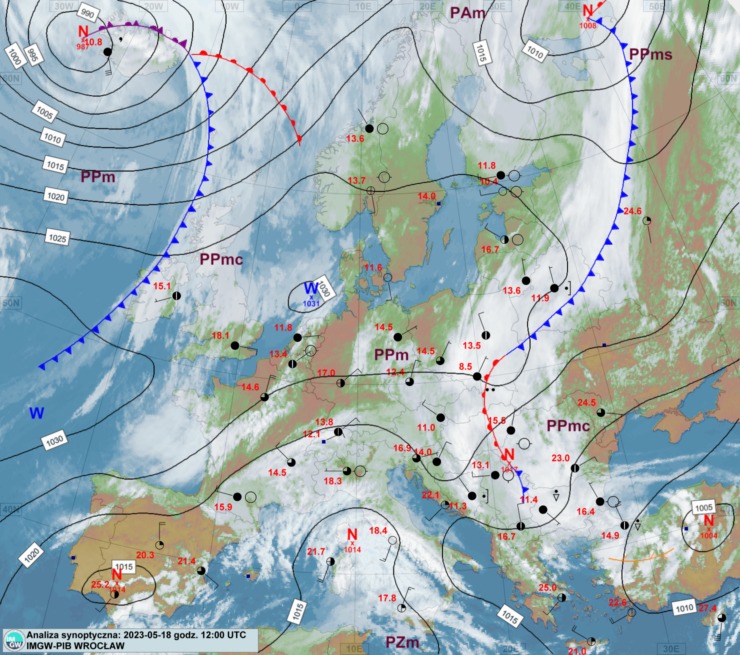 analiza synoptyczna z 18 maja godzina 14 CEST, źródło: IMGW