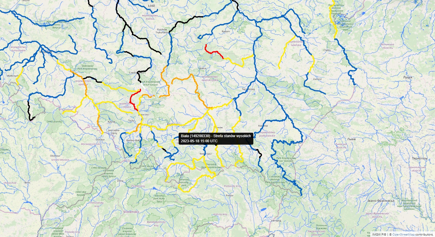 stan wód w rzekach w czwartek o 17 CEST, źródło: Hydro IMGW