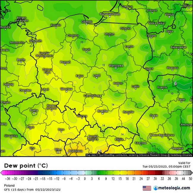 Wyliczana wartość temperatury punktu rosy we wtorek o 17 CEST, źródło: meteologix.com