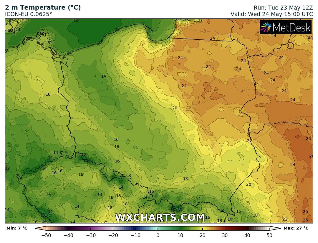 wyliczany wzrost temperatury powietrza we środę o 16 CEST, źródło info: wxcharts.com