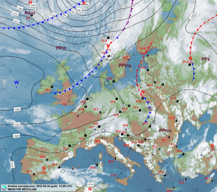 analiza synoptyczna z 24 maja, godzina 14 CEST, źródło: IMGW