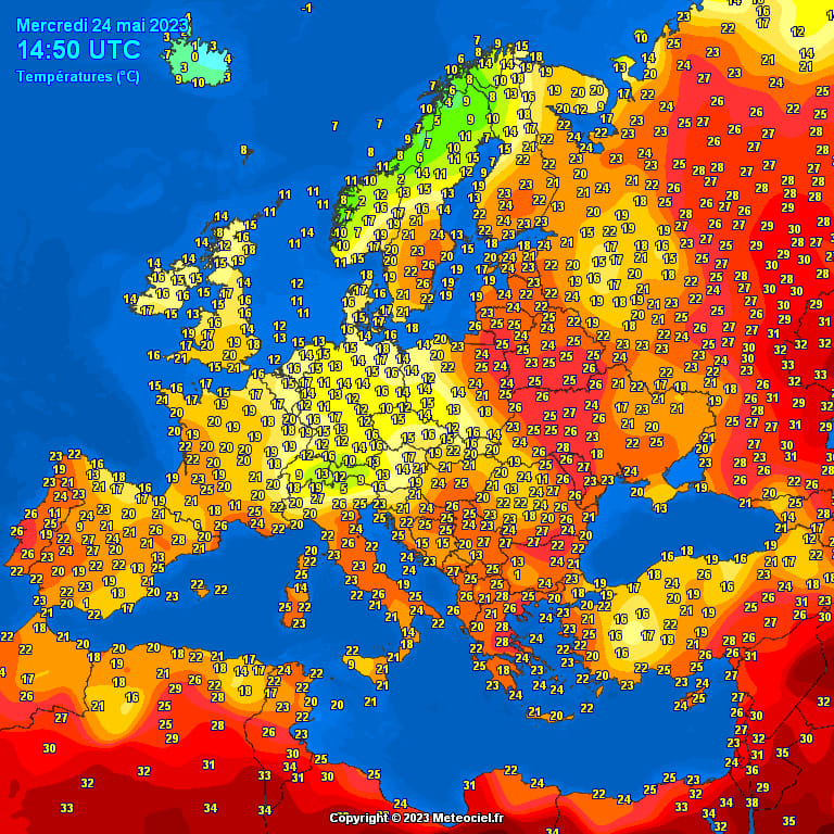 zmierzona temperatura powietrza w Europie 24 maja o 16.50 CEST, źródło: meteociel.fr