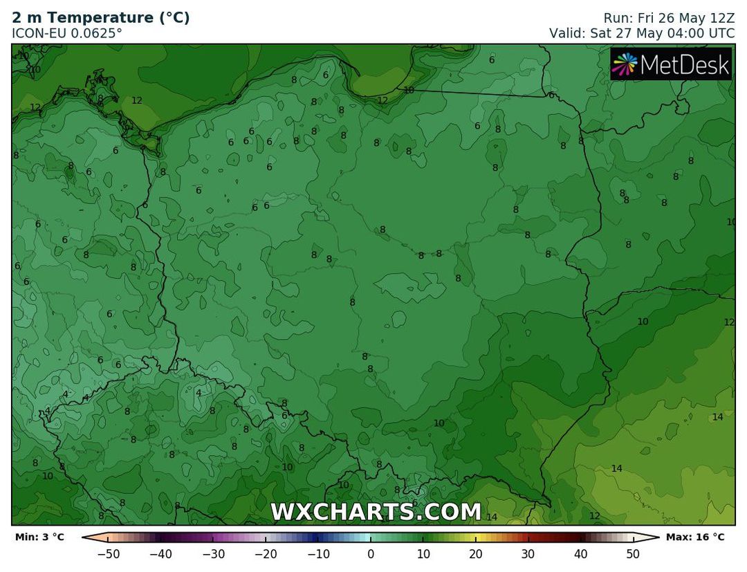 prognozowana temperatura powietrza w sobotę o 6 CEST, źródło: wxcharts.com