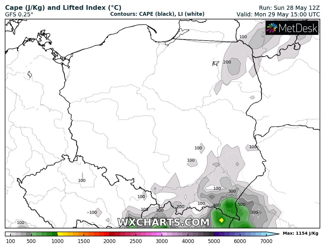 model CFS i wyliczenia anomalii opadu oraz temperatury dla okresu 28 maja - 4 czerwca, źródło info: wxcharts.com