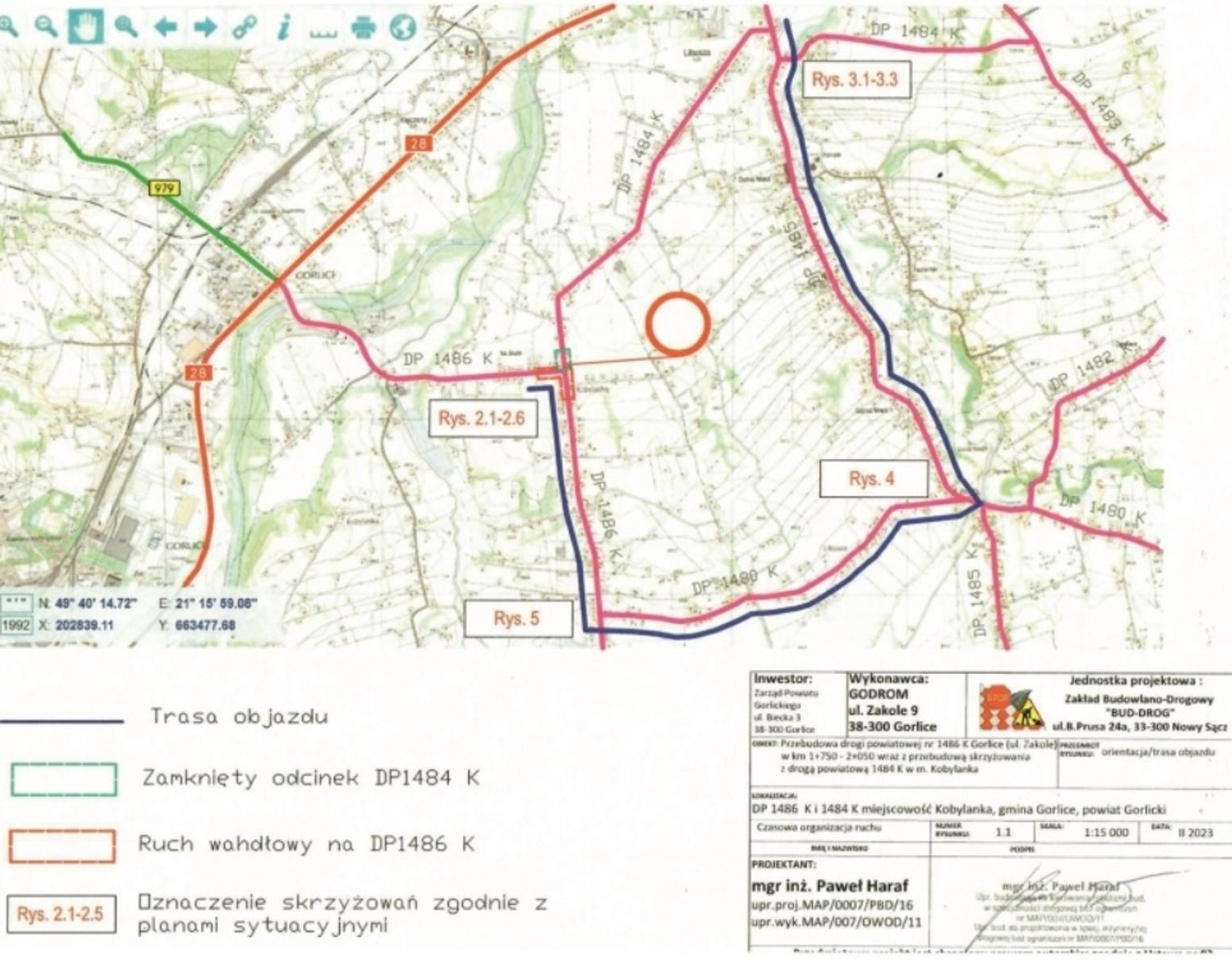 Mapka objazdów przygotowanych na czas robót związanych z „Przebudowa drogi powiatowej nr 1486K (...) w km l+750 — 2+050 wraz z przebudową skrzyżowania z drogą powiatową nr 1484K w m. Kobylanka”, źródło: UG Gorlice