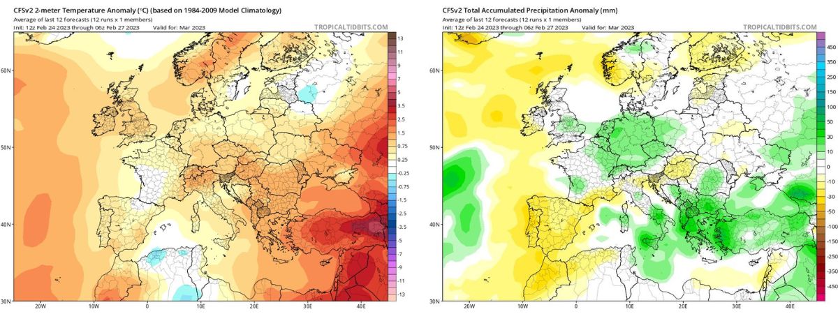 model CFS i wyliczenia anomalii temperatury i opadu dla marca 2023