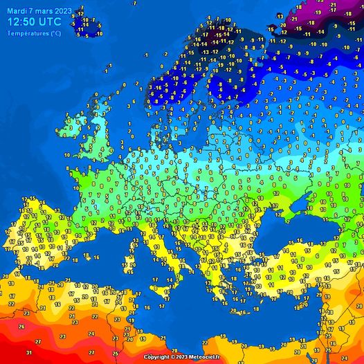 temperatura powietrza zmierzona w Europie 7 marca o 13.50 CET