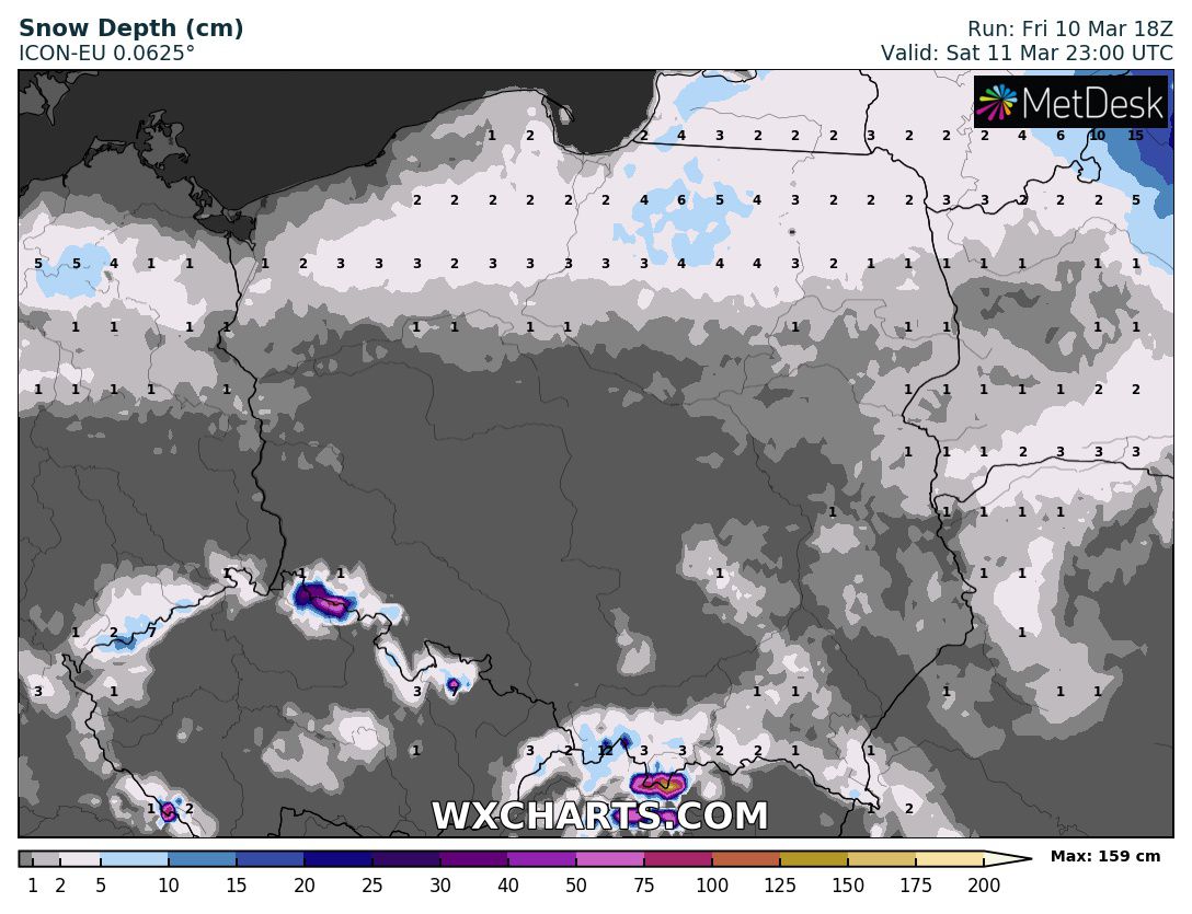 wyliczana wysokość pokrywy śnieżnej w Polsce do końca soboty 11 marca