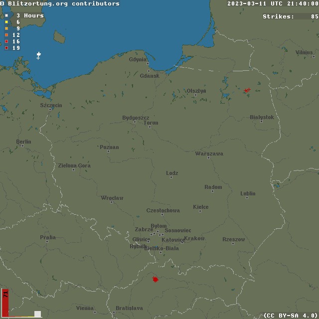 zarejestrowane wyładowania atmosferyczne w Polsce 11 marca 2023