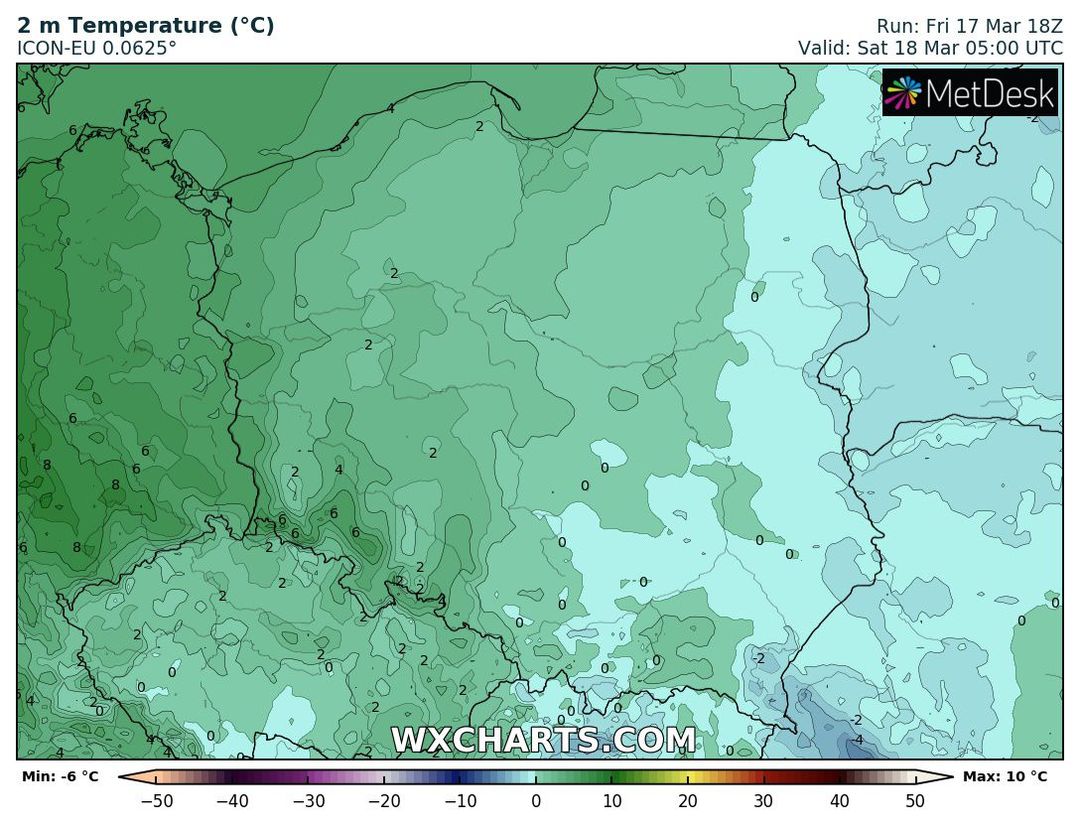 wyliczana temperatura powietrza w sobotę o 6 CET, źródło: wxcharts.com