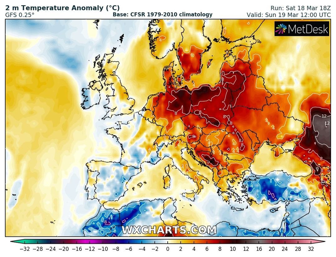 prognozowana anomalia temperatury w Europie w niedzielę o 13 CET, źródło: wxcharts.com