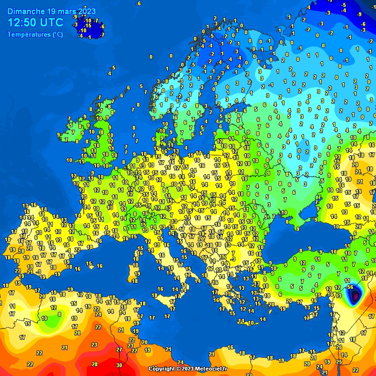 temperatura powietrza zmierzona w Europie 19 marca o 13.50 CET, źródło: meteociel.fr