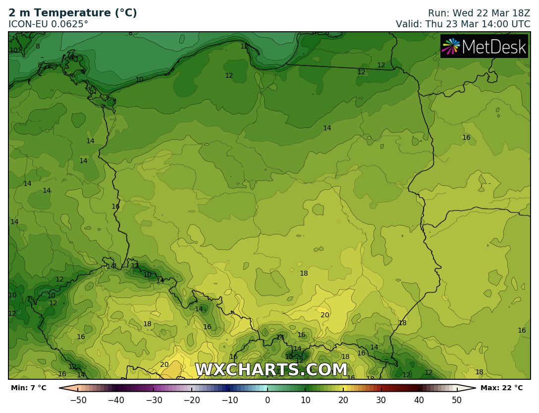 wyliczany wzrost temperatury powietrza w czwartek o 15 CET, źródło: wxcharts.com