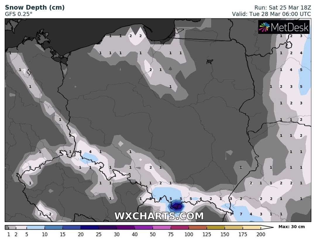 wyliczana wysokość pokrywy śnieżnej we wtorek 28 marca o 8 CEST, źródło: wxcharts.com