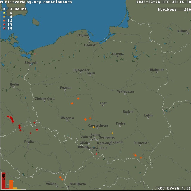 Zarejestrowane wyładowania atmosferyczne w Polsce 28 marca. Wyładowania pojawiły się m.in. na Podkarpaciu, źródło: blitzortnung.org