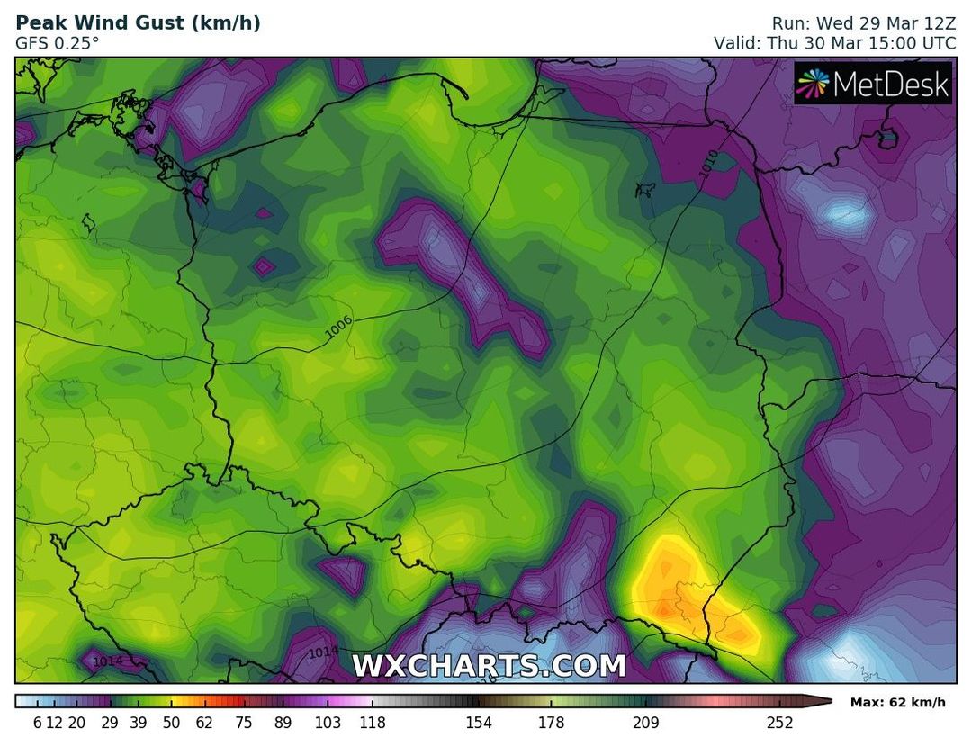 wyliczane maksymalne porywy wiatru w czwartek o 17 CEST, źródło: wxcharts.com