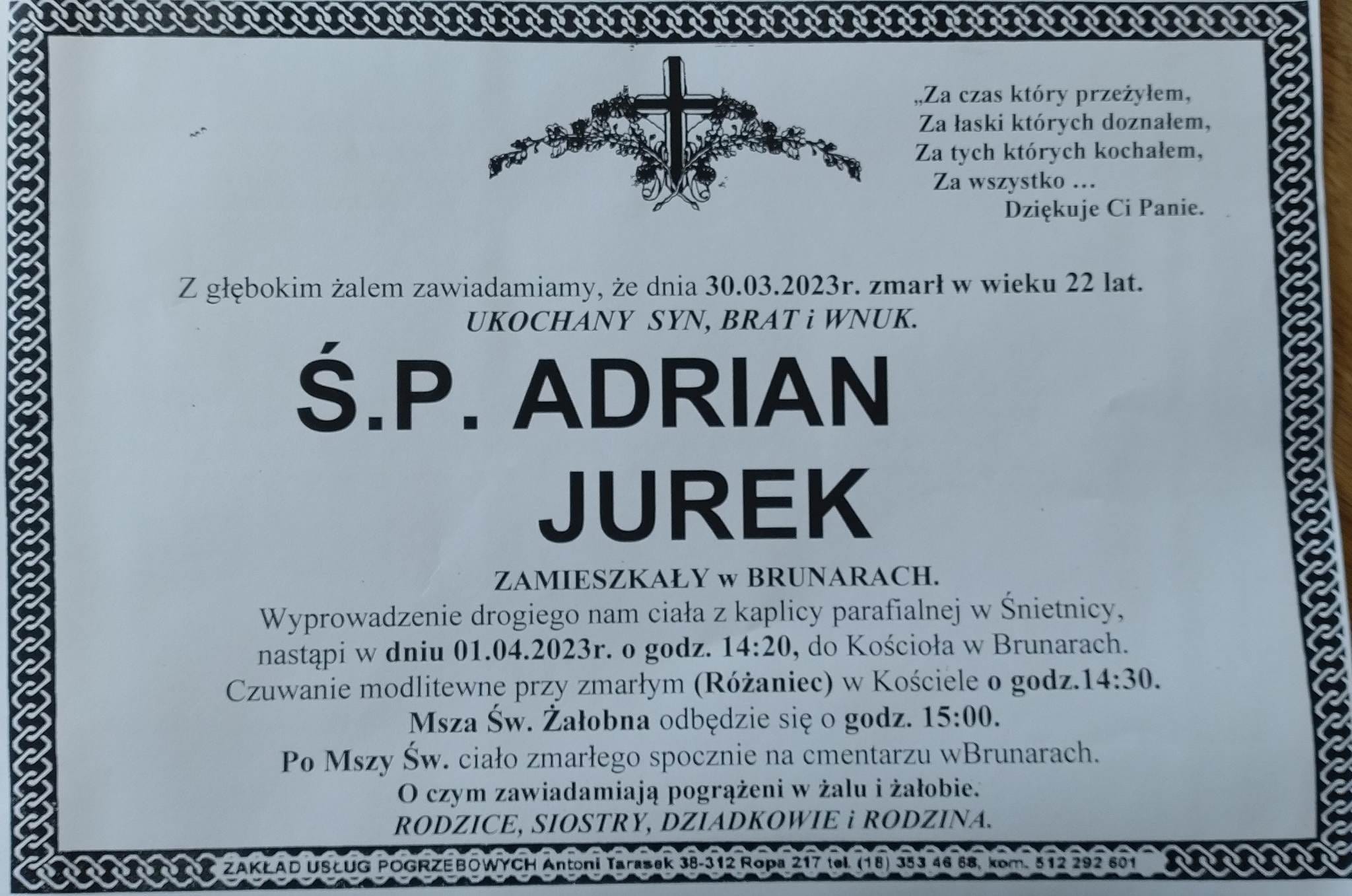 Nekrolog Ś.P. Adrian Jurek