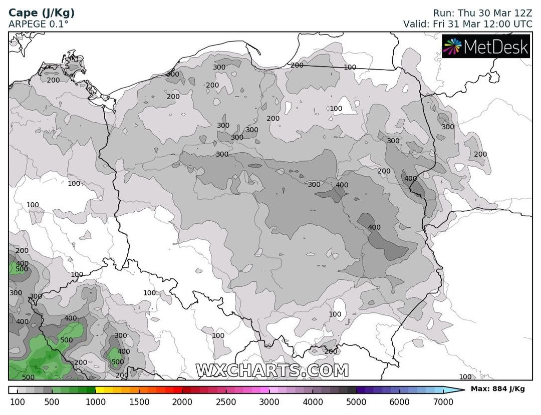 wyliczany wzrost CAPE w piątek o 14 CEST, źródło: wxcharts.com