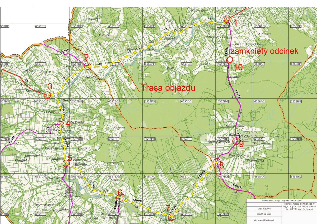 remont mostu drewnianego w ciągu drogi powiatowej nr 1494 w km 1+270, który uległ awarii – Mapa z objazdami. PZD w Gorlicach